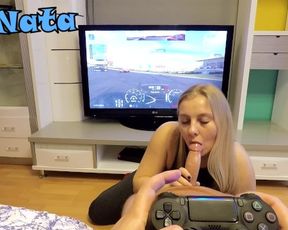 He Plays GT Sport while she Sucks his Cock